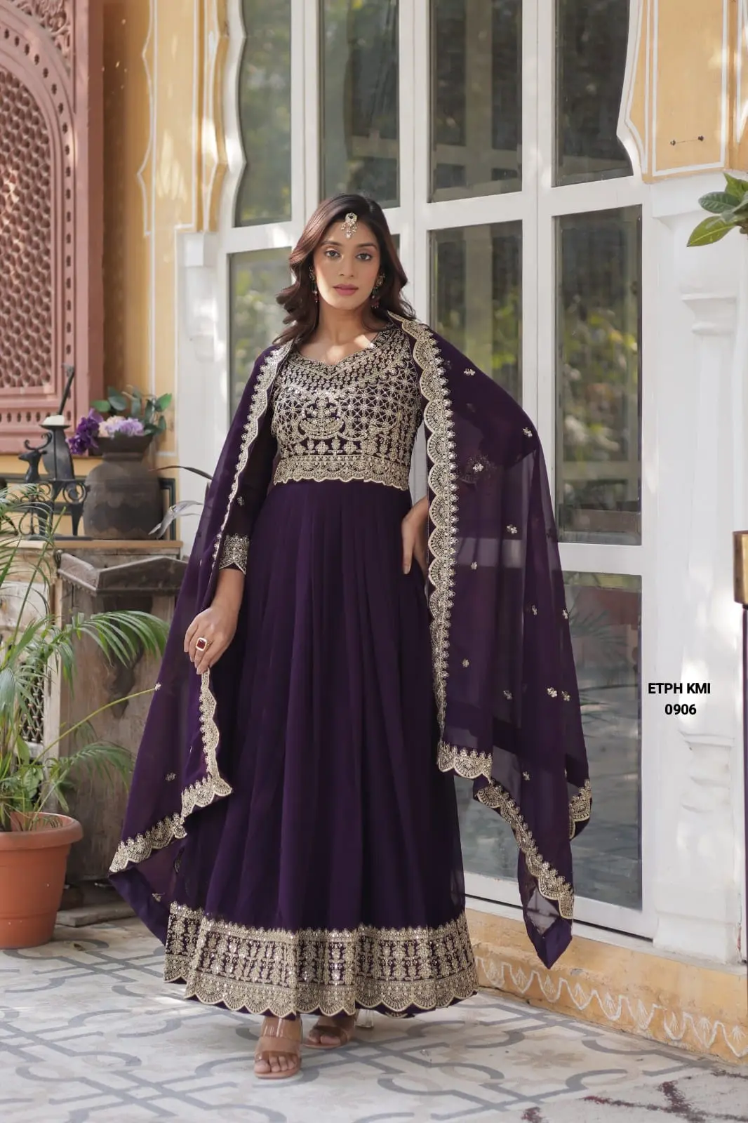 Maroon & Wine Zari Sequins Work Faux Blooming Anarkali Gown Set